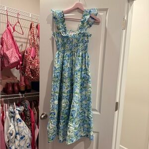 Hill House La Coqueta Blue & Green Floral Smocked Top